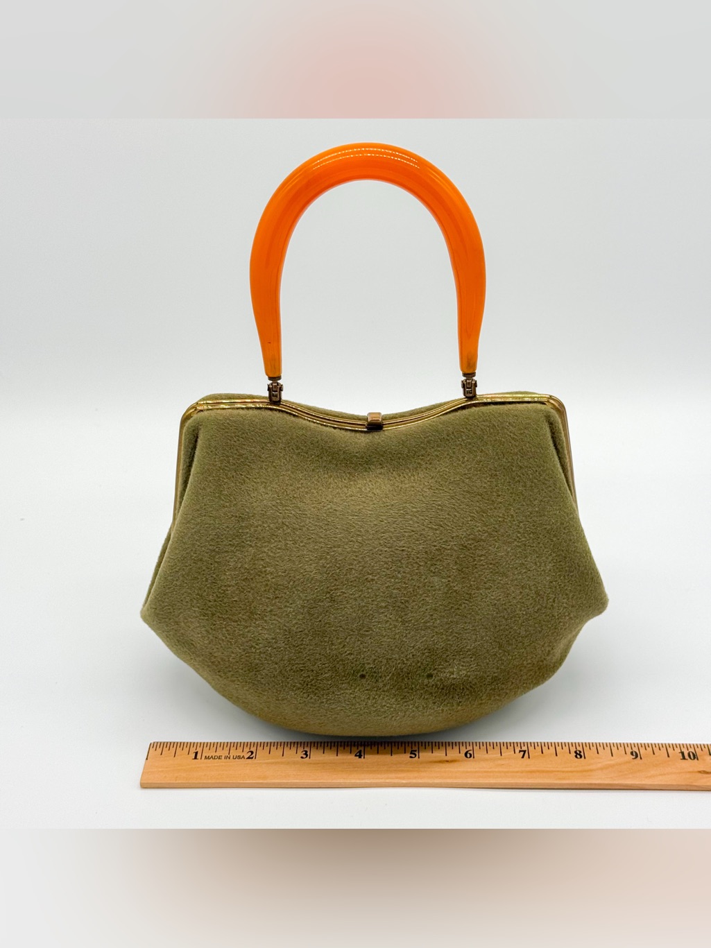 Vintage Morris Moskowitz Mm Olive Green Felt Handbag Orange Lucite Handle Mcm — image 5 of 8